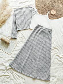 Vintaside Kids 3 件套休闲宽松纹理面料长袖上衣、吊带背心和 A 字裙套装，适合少女 - 淺灰色 - 查看 2