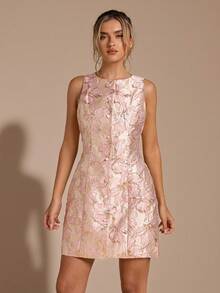 SHEIN BAE Váy suông cổ tròn không tay họa tiết hoa jacquard trơn màu dành cho nữ, họa tiết hoa 3D, váy dự tiệc sang trọng, váy công chúa hở lưng kiểu Pháp thanh lịch, gợi cảm và duyên dáng, phù hợp cho mùa hè, váy ngắn dự tiệc sinh nhật cho nữ - Hồng - Xem 3