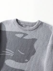 Chillumni 男士卡通猫图案圆领长袖休闲毛衣，秋冬 - 灰色 - 查看 3