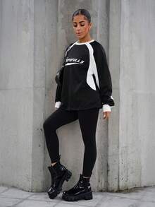 SAYEHFBABY Women's Fall/Winter Streetwear Basic Athleisure Preppy Graphics Color-Blocked Long Sleeve Sweatshirt,Long Sleeve Tops - Black - View 5