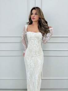 Jemour 女式秋冬新款性感S形蕾丝长袖紧身方领修身长款派对连衣裙，黑色 - 黃色 - 查看 6