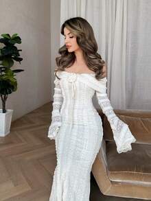 Jemour 茶歇装 甜美优雅连衣裙 露肩长袖连衣裙 约会装 3D花裙 - 白色 - 查看 7