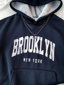 Tween Girls Navy Blue Thermal Lined Thick Letter Print Hoodie Sweatshirt, Casual School Style, Autumn/Winter