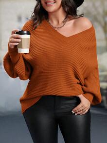 SHEIN LUNE Plus Size Women's Solid Color V-Neck Batwing Long Sleeve Loose Pullover Sweater, Autumn/Winter - Burnt Orange - View 3