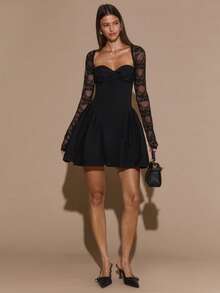 SHEIN BAE Women's Elegant Black Long Sleeve Lace Peplum Dress, Backless Hollow Out Design,Perfect For Night Out,Autumn Party,Cocktail & Wedding Guest - Black - View 3