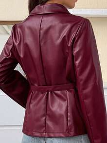 SHEIN EZwear Women's Fashion Street Style Rose Red PU Leather Wrap Collar Regular Jacket Coat, Autumn Apparel