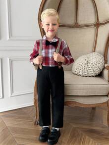 PrepCrw Bộ vest nam 2 món thanh lịch, phong cách học đường, giản dị, đô thị, bó sát, dễ thương, cổ áo kẻ sọc đỏ, tay dài và quần có dây đeo, thích hợp mặc đi tiệc, mặc hàng ngày, Giáng sinh, lễ hội, thu đông - Nhiều màu - Xem 8
