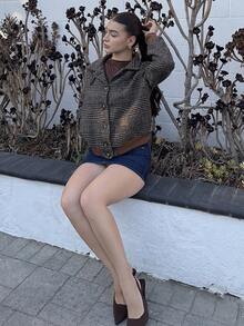 Andrea Bello Nueva chaqueta/abrigo de mujer de diseño de botones, manga larga, ajustado, de estilo casual y elegante con cuello vuelto y estampado a cuadros, para otoño/invierno - Marrón - Ver 7