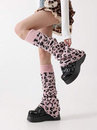 Goth 1 Pair Pink Leopard Print Knit Leg Warmers, Y2K Chic Minimalist Wild Style, Suitable For Commuting, School, Shopping, Parties, Halloween, Christmas And Other Occasions, Autumn/Winter