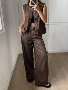 DAZY 女士圆领开衫和阔腿牛仔裤休闲套装 Y2k - 咖啡棕 - 查看 2