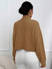 EURMUSE Mock Neck Drop Shoulder Sweater - Camel - View 2