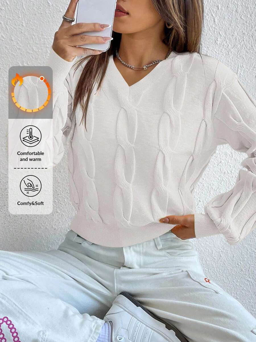 Cloudara Jersey tejido de cable de hombros caídos - Blanco - Ver 1