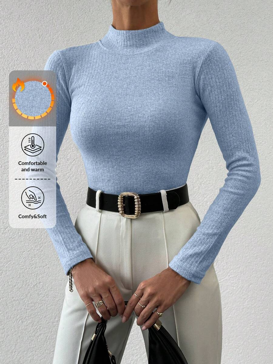 EURMUSE Mock Neck Ribbed Knit Sweater - Dusty Blue - View 1