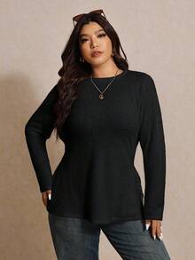 Elaquor Plus Size Casual Solid Color Side Slit Long Sleeve T-Shirt/Winter - Black - View 1