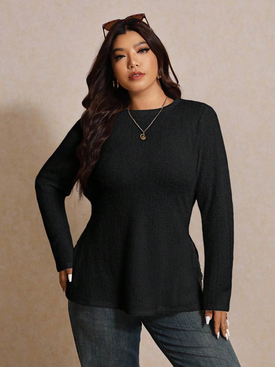 Elaquor Plus Size Casual Solid Color Side Slit Long Sleeve T-Shirt/Winter - Black - View 1