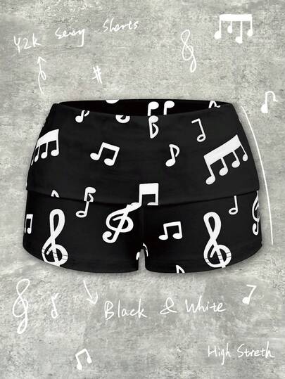 Shutterstock Y2Kool Pantalones cortos casuales con notas musicales en estilo Y2K para mujeres, adecuados para verano, otoño, invierno, vacaciones, fiestas y uso diario. Pantalones cortos blancos con gráficos blancos y negros con notas musicales.