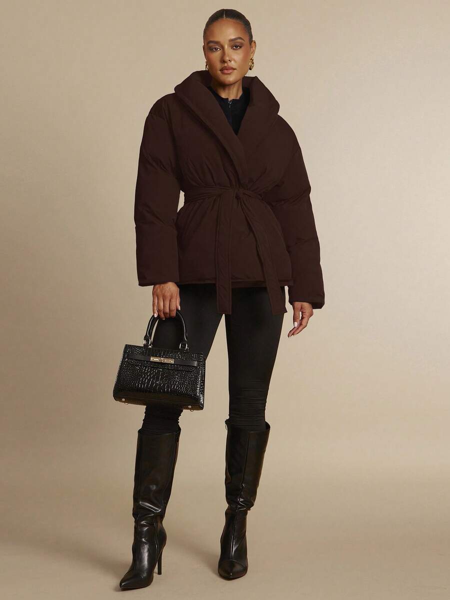 Silquee 女士时尚百搭纯色夹克，冬季 - 咖啡棕 - 查看 1