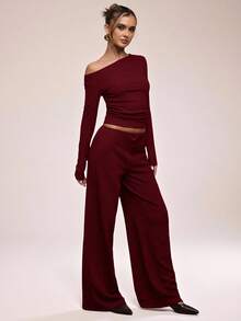SHEIN BAE Elegant Commuter Solid Color Asymmetric Collar Top And Pants Set, Autumn - Burgundy - View 3