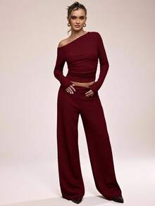 SHEIN BAE Elegant Commuter Solid Color Asymmetric Collar Top And Pants Set, Autumn - Burgundy - View 4
