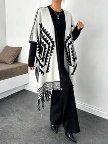 EURMUSE Áo len nữ phối màu trắng đen kèm áo khoác cardigan - Đen và trắng - Xem 4