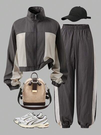 2 件套青少年女孩灰色和杏色拼布休闲装，适合通勤和日常穿着，方便返校季节、秋季