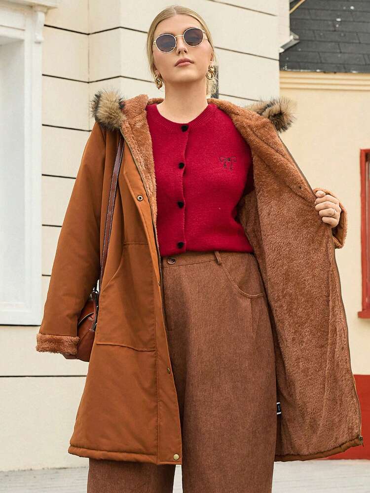Plus Size Women Winter Country Casual Vacation Street Fashion Casual Solid Color Long Sleeve Brown Faux Fur Collar Patchwork Hooded Knee-Length Padded Coat With Pockets, Winter,Christmas,New Year, Winter Coat Outerwear,Going Out,2025 New,Simple And Fashionable For Everyday Wear,Christmas,New Year,Halloween Women,Thickened Fleece Warm Coat,Winter,Thanksgiving