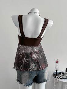 SHEIN Unity Casual French Style Mesh Floral Print Slit Hem Ruched Sexy Tie-Up Design Sleeveless Top, Summer Beach Vacation - Coffee Brown - View 2