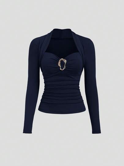 Sweetra New Autumn Metal Decor Button Hollow Out Women T-Shirt