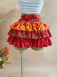 Soleia Falda plisada con estampado retro de flores de anacardo y flores, adecuada para vacaciones, falda burdeos elegante, estampado bohemio tropical brasileño, ropa de mujer estilo boho, atuendo occidental de concierto para mujer