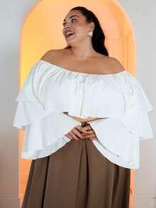Pretty and Ole Open Shoulder Ruffle Trim Women Long Sleeve Square Collar Blouse, Elegant Going Out Top - White - View 5