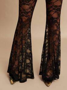 Silquee Autumn And Winter Fashion Transparent Black Lace Flared Pants, Wear With A Suit Jacket, Sexy, Suitable For Music Festivals, Carnivals And Holidays, Valentine's Day, Christmas Clothing, Dating/Outing/Nightclub Party/Gathering Flared Pants Transparent Pants Black Flared Pants,Black Pant - Black - View 7