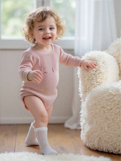 1 pezzo Tutina neonato, rosa, decorazione fiocco 3D dolce, collo rotondo, manica lunga