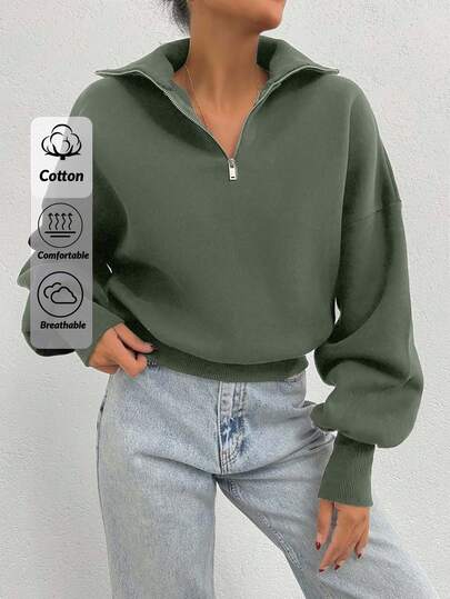 SHEIN PETITE Felpa oversize in 100% cotone con colletto con cerniera e motivo