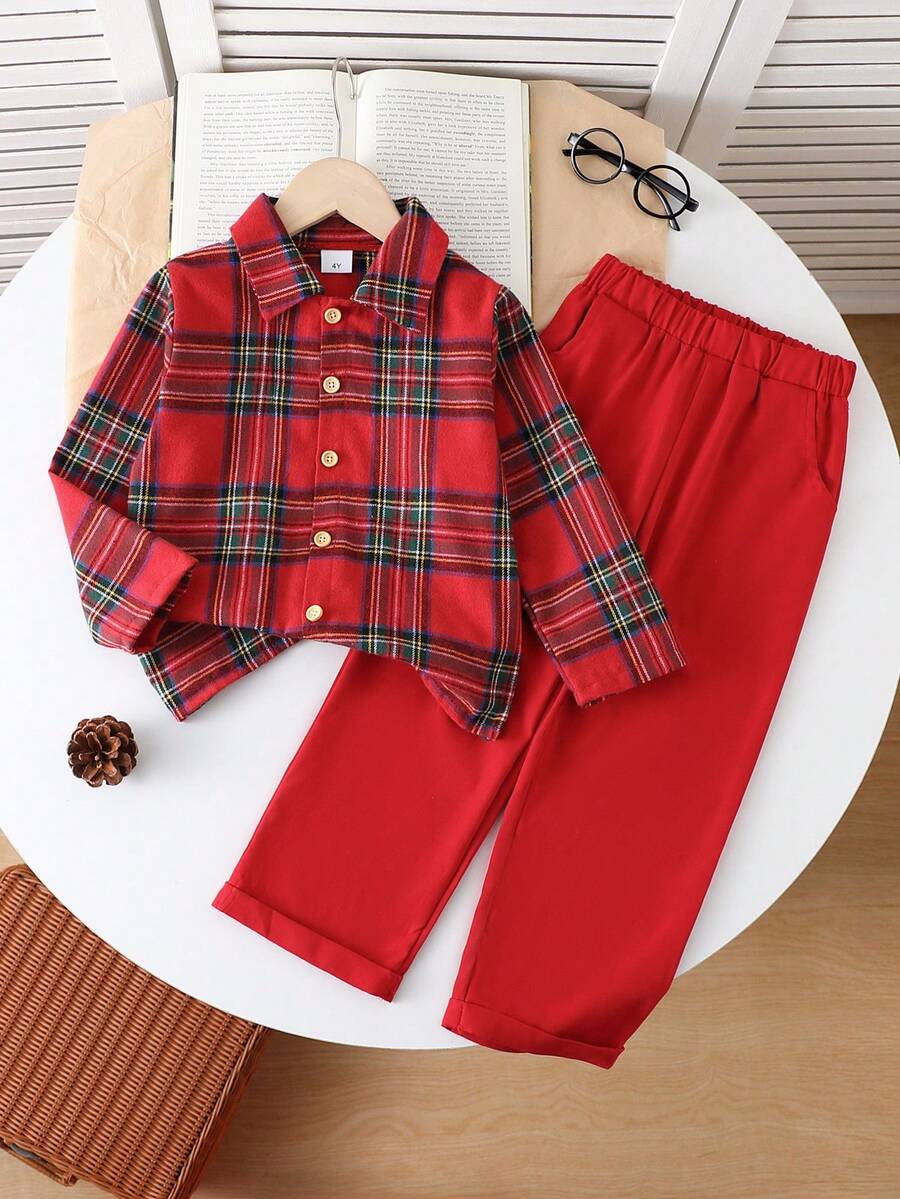 SHEIN 2pcs Young Boy Ribbed Knit Collared Long Sleeve Shirt & Ribbed Woven Casual Pants Set, Spring/Autumn - Red - View 1