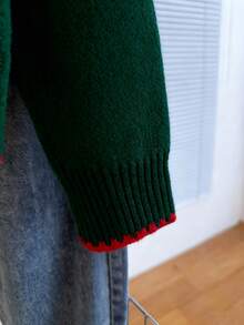 Franclia Casual Loose Fit Round Neck Long Sleeve Knitted Contrast Trim Raglan Sleeve Apricot Women Pullover Sweater, Spring/Autumn - Dark Green - View 4