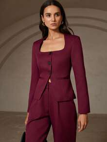 Revavyn Conjunto de blazer y pantalones de mujer de unicolor, de manga larga, con cuello invertido y ajustado - Rojo - Ver 5
