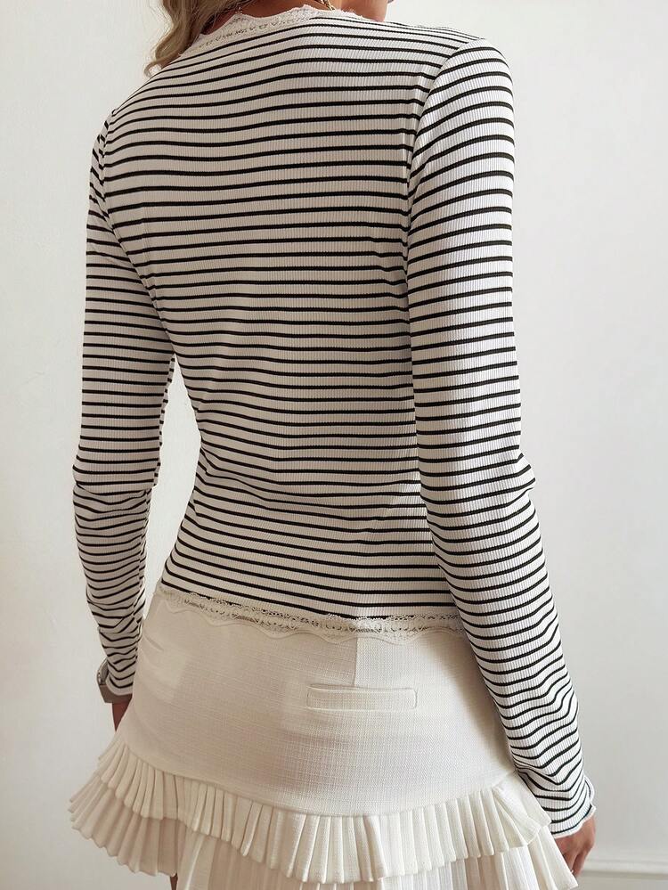 Striped Lace Frill Trim Fitted Cardigan For Women Long Sleeve Women