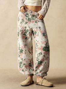 Bohemela بنطلون نسائي كاجوال بطبعة زهرية، خصر منخفض فضفاض مع رباط، مناسب للعطلات، خريف/شتاء