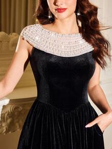 Vintamour 复古优雅女士连衣裙，带口袋，天鹅绒珍珠胸前装饰，适合派对、假日、鸡尾酒会等场合，冬季女装，女士冬季服装，女士冬季穿搭，圣诞节造型，女士圣诞节穿搭，圣诞节服装，圣诞节服装，新年服装，新年穿搭，女士冬季连衣裙，女士圣诞节连衣裙，圣诞派对连衣裙，新年连衣裙，优雅派对连衣裙，女士优雅连衣裙 - 黑色 - 查看 8