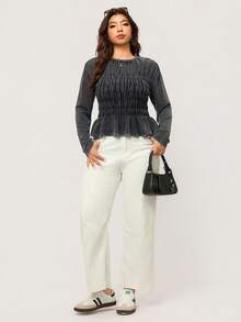 Elaquor Plus Size Casual Ruffle Hem Long Sleeve T-Shirt, Autumn - Black - View 1