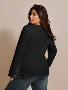 Elaquor Plus Size Casual Solid Color Side Slit Long Sleeve T-Shirt/Winter - Black - View 2