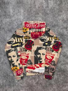 Slaydiva Felpa casual da donna con stampa ritratto da strada, adatta per l'autunno/inverno, si adatta alla cultura hip hop - Multicolore - Visualizzare 2