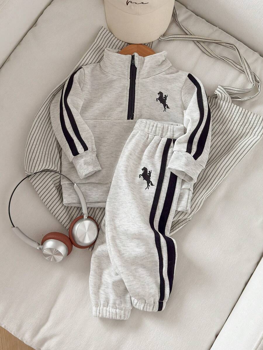 Playful Pals 男婴半拉链卫衣和运动裤两件套，韩版印花黑色抽绳宽松加厚抓绒休闲返校服，适合秋冬季日常穿着或慢跑。 - 淺灰色 - 查看 1