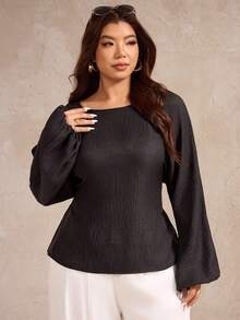 Elegantrix Blusa casual francesa de cuello redondo, cintura ceñida y mangas abullonadas para mujer de talla grande, otoño/invierno - Negro - Ver 3
