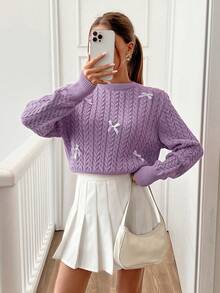 EURMUSE Women Round Neck 3d Ribbon Detailed Cute Textured Sweater Pullover - Lilac Purple - View 7
