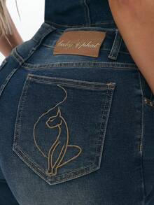 BABYPHAT 弹力牛仔七分裤，卷边裤脚，中腰七分裤，夏季休闲裤 - 深色水洗藍 - 查看 6