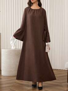 Al Najma Women's Casual Elegant Loose High-End Luxurious Beaded Rhinestone Sequin Ruffle Cuff Brown Versatile Fashion Arabic Dress - Brown - View 4
