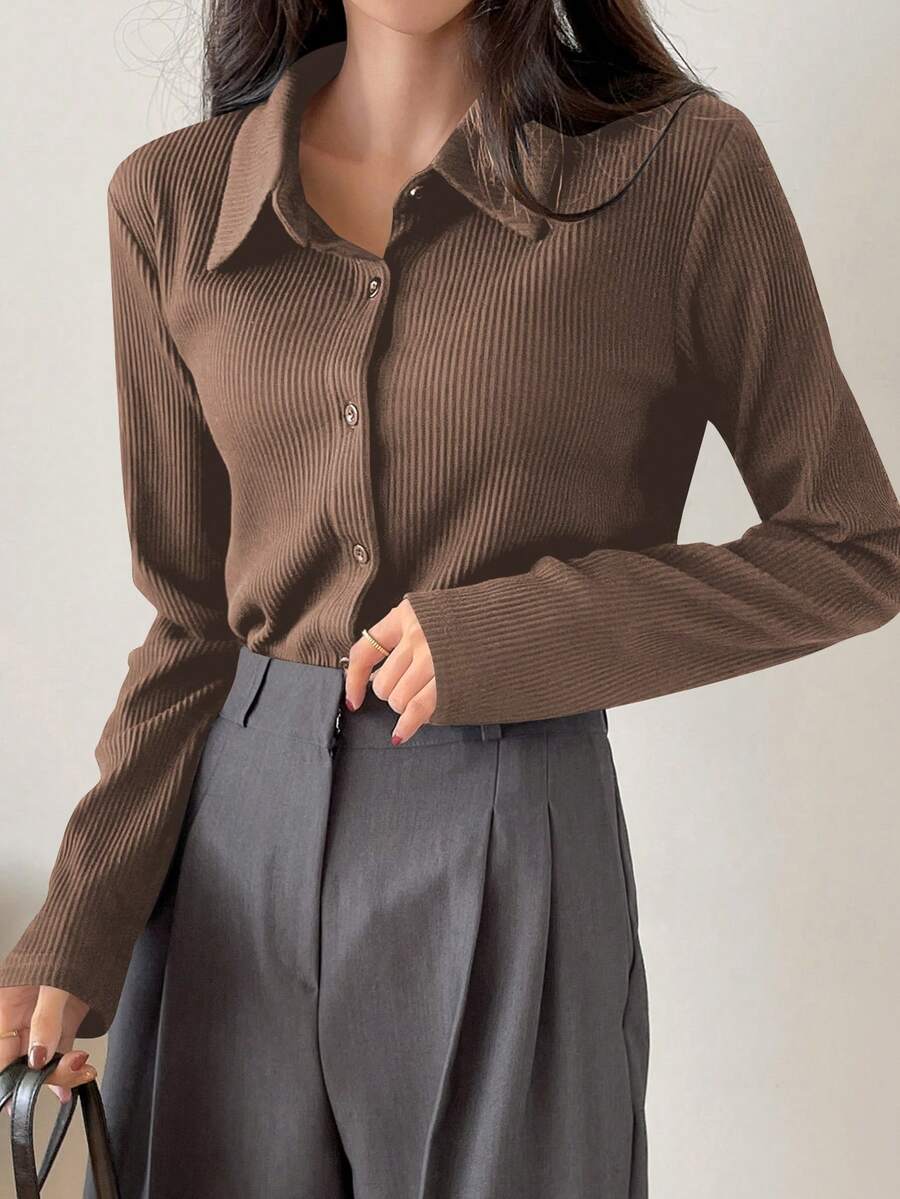 DAZY Women's Casual Everyday Commute Simple Solid Color Ribbed Knit Button-Up Long Sleeve T-Shirt, Spring/Autumn - Coffee Brown - View 1