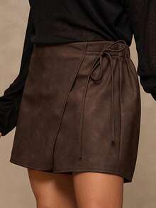 Freevana Plus Size Solid Color Twist Wrap Casual Shorts Brown Shorts Women Brown Leather Skirt Boho/Winter