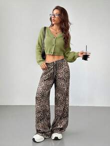SHEIN PETITE White Lantern Sleeve Button Front Rib Knit Cardigan,Off The Shoulder Sweater In Fall/Winter Cardigan Cropped Crop Top Sweater Knit Tops Off Shoulder Sweater - Mint Green - View 4
